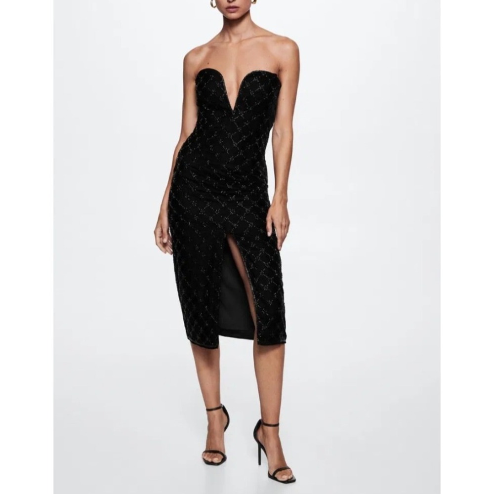 Mango MNG Black Velvet Beaded Strapless V-Neck Midi Dress 423BELLI NWT Size 2 XS